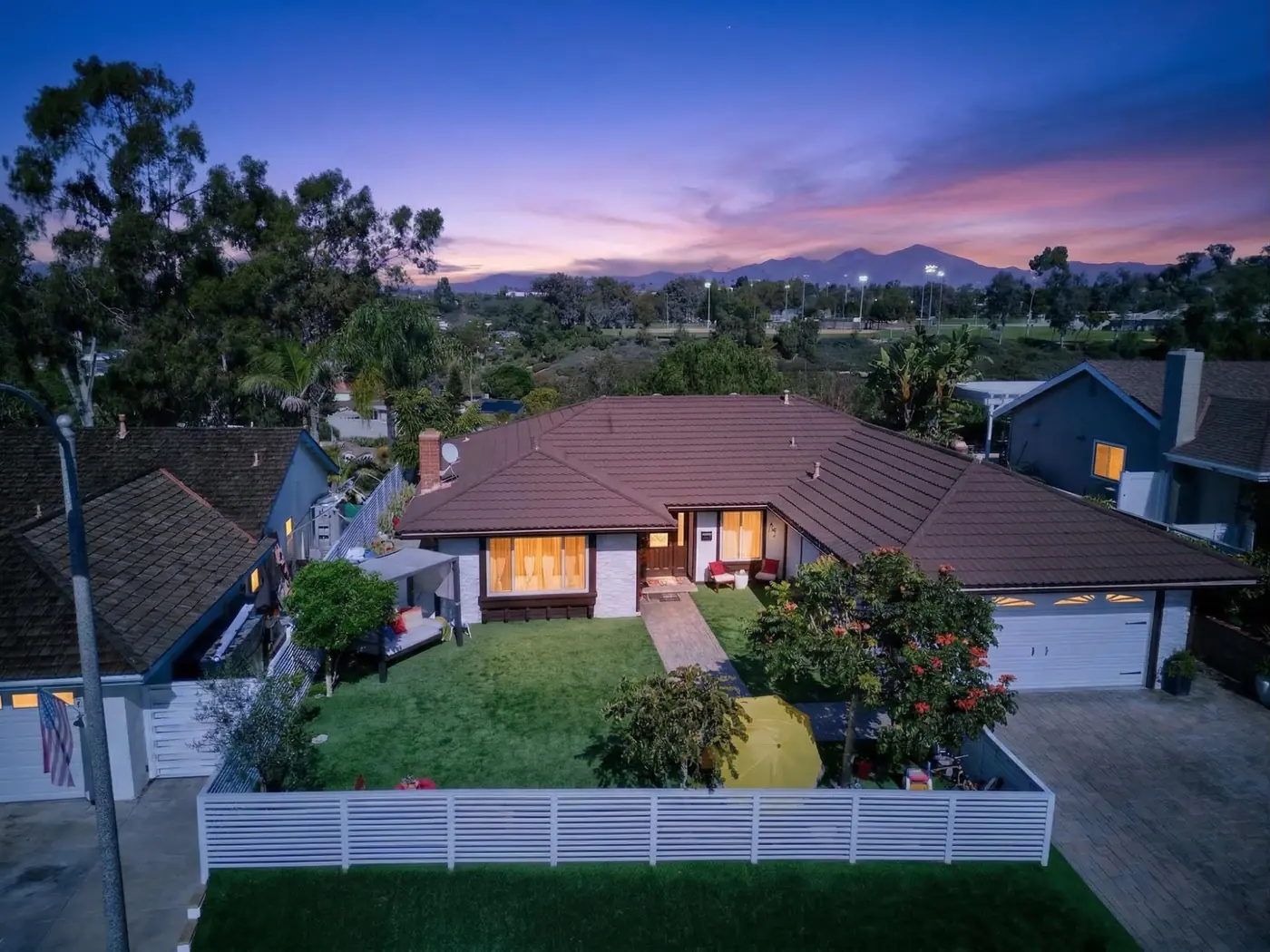 Twilight drone aerial · Inland Empire neighborhood