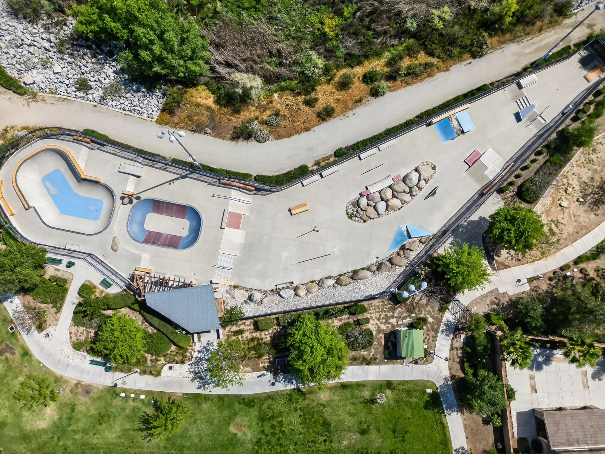 Aerial drone photo of neighborhood skate park amenity