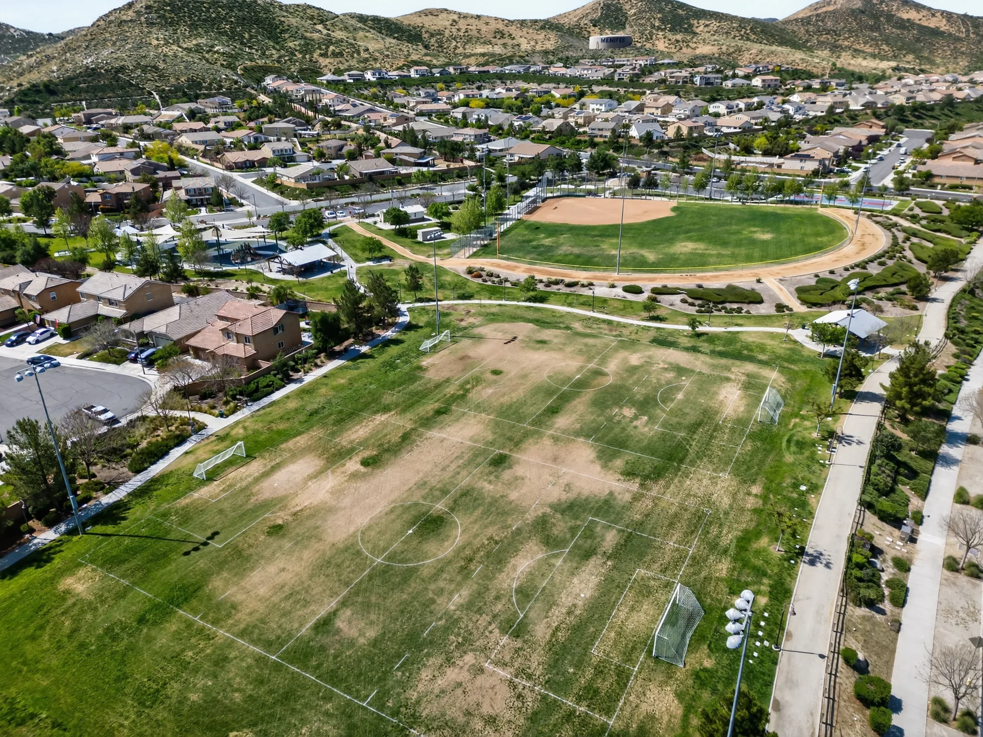 Aerial drone photo of Menifee community sports fields and parks