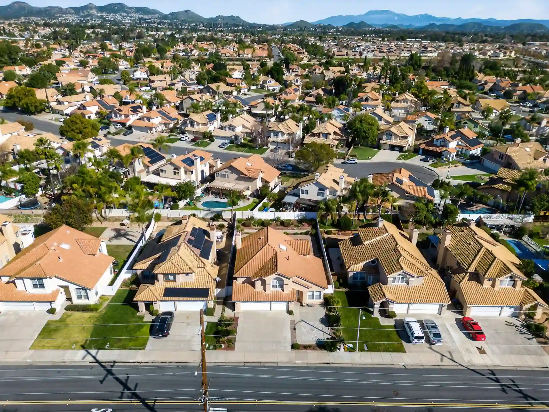 Wide aerial drone photo of Southern California residential tract community